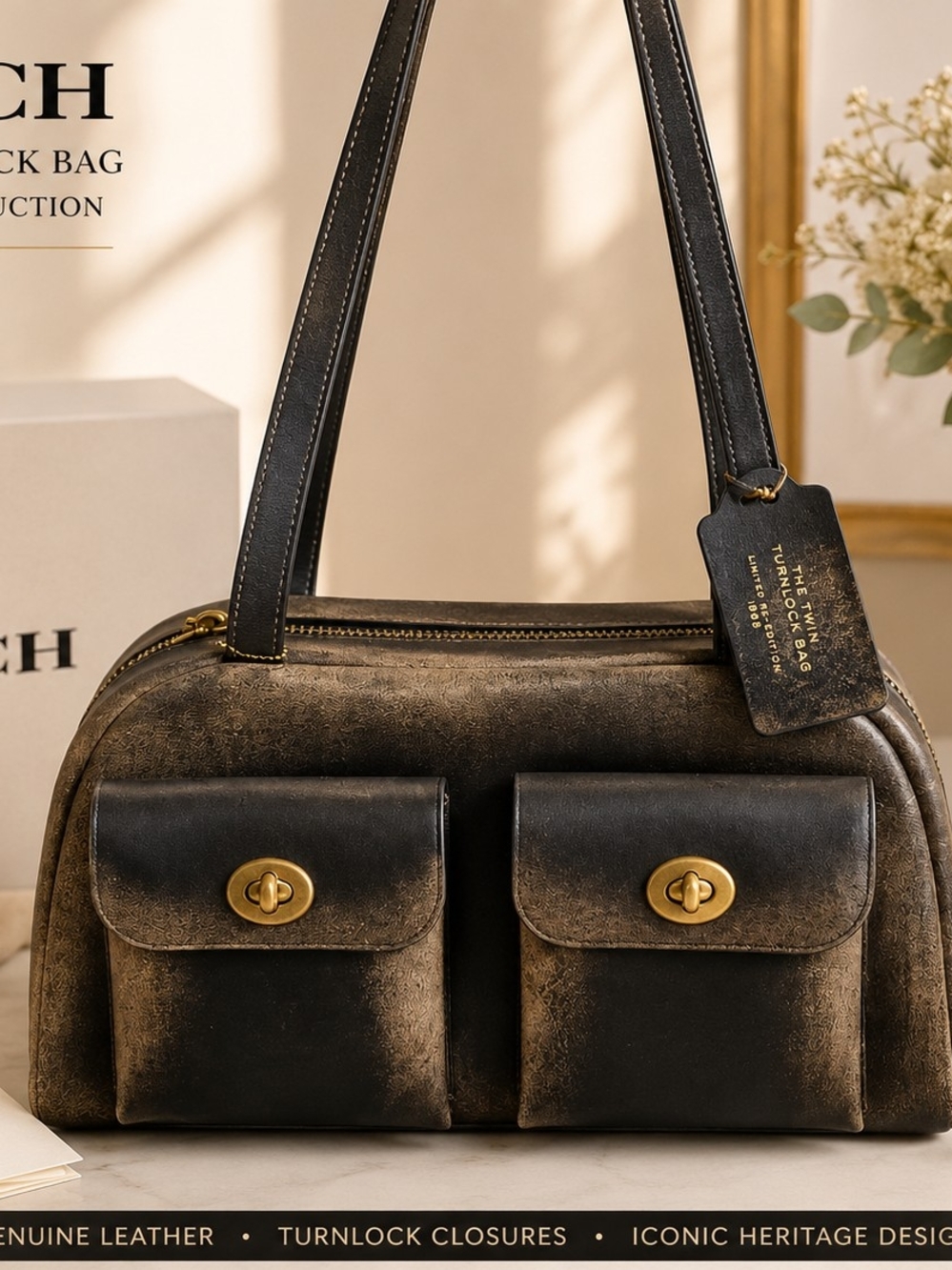 Vintage Black and Brown Double-Pocket Shoulder Bag